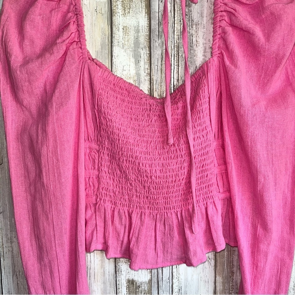NWT Free People Chloe Pink Smocked Tie Back Blouse Puff Sleeve Crop Top S - Picture 7 of 7